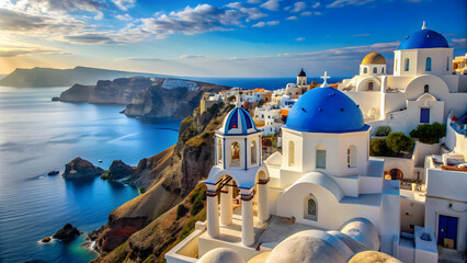 Beautiful Santorini landscape with white buildings and blue domes overlooking the Aegean Sea, Santorini