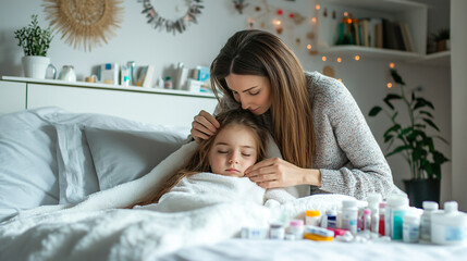 A sick child girl lies in bed while the caring mother gives medicine and checks the temperature, surrounded by medicine bottles.