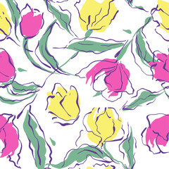 Spring tulip seamless pattern, hand drawn flower, decor for textile, clothing, packaging, fabric, wallpaper, home textile, cover, vector