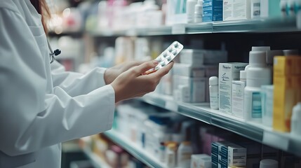 The photo shows the hand of an employee in a white medical uniform holding and examining medicine on shelves, which are located next to them