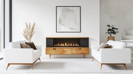 Two white sofas near fireplace against white wall with wooden cabinet and art poster Scandinavian minimalist style home interior design of modern living room