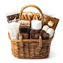 A smore gift basket with Black Friday labels, filled with all the ingredients for a perfect smore, festive and inviting, isolated on white background