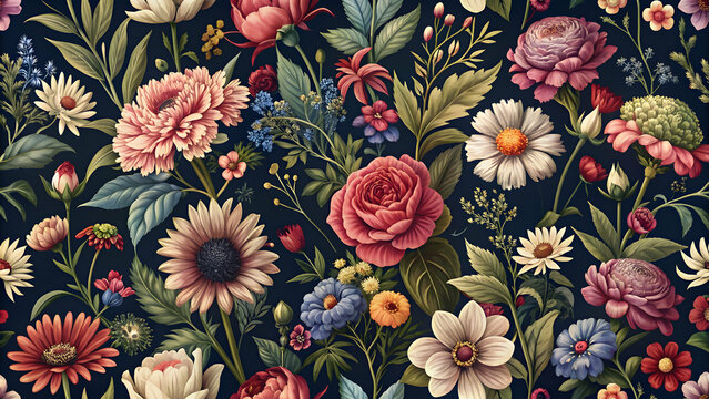 Vintage floral seamless pattern with blooming dark flowers and Victorian wildflowers, vintage, floral, seamless, pattern