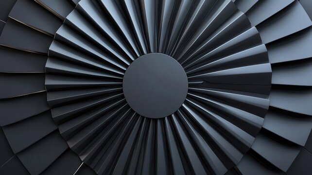 Closeup of a turbine blade assembly, with overlapping geometric fins, capturing the sleek design of aerospace manufacturing, 3D illustration