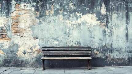 A weathered wooden bench sits in front of an old, peeling, gray wall.