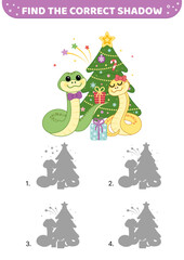 Find the correct shadow. Snakes is celebrating Christmas and New year. Cartoon, vector.