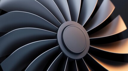 Closeup of a turbine blade assembly, with overlapping geometric fins, capturing the sleek design of aerospace manufacturing, 3D illustration