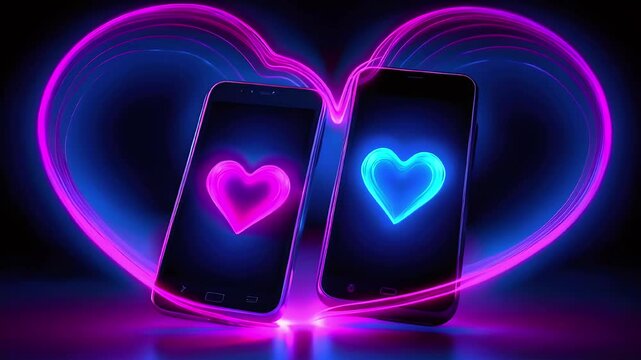 Two smartphones with glowing heart icons, connected by a pink neon light forming a larger heart, representing love and digital connection in a vibrant, modern design.