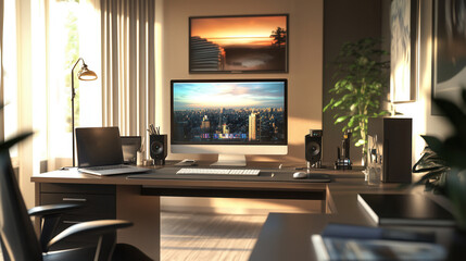 A modern home office with a large desk, sleek tech gadgets, and an organized space for remote work
