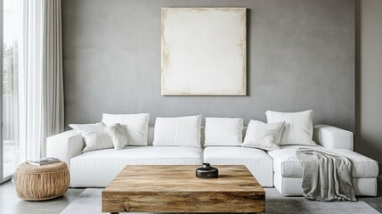 Wooden square coffee table near white sofa in room with grey wall with art poster Minimalist elegant home interior design of modern living room