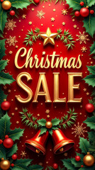 This festive banner showcases a vibrant Christmas sale announcement with sparkling red and green hues, adorned with decorations that capture the holiday spirit