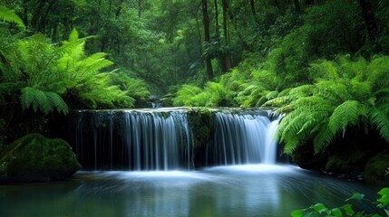 A serene waterfall cascading over rocks into a clear pool below, surrounded by lush green trees and ferns, highlighting the beauty of nature