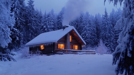 A snow-covered cabin in the woods, with smoke rising from the chimney and a warm glow from the windows