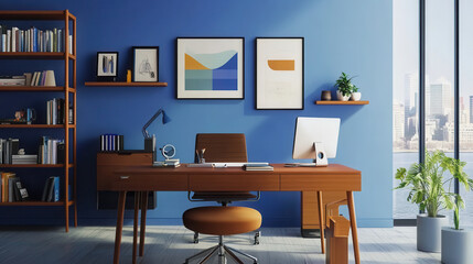 A stylish home office setup with ergonomic furniture, a clean desk, and modern tech gadgets