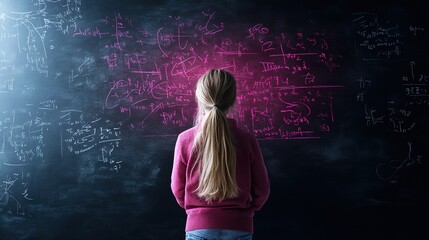 Girl Analyzing Math Equations on Chalkboard