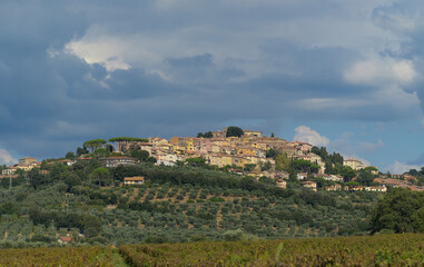 Fototapeta premium Panoramic view of Castagneto Carducci, charming village overlooking the Etruscan Coast, Livorno, Italy