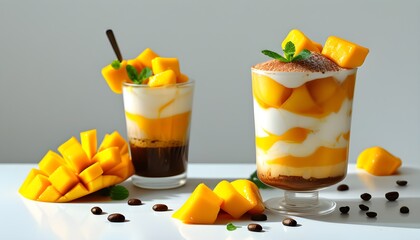 Indulging in vibrant coffee and mango dessert artfully presented against a pristine white backdrop