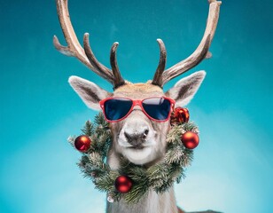 Lustiges Rentier mit Sonnenbrille und Weihnachtskranz &ndash; Moderne Weihnachtsfreude