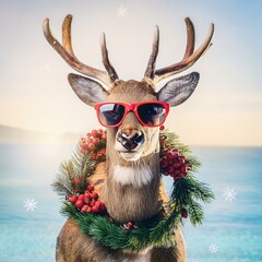 Lustiges Rentier mit Sonnenbrille und Weihnachtskranz &ndash; Moderne Weihnachtsfreude