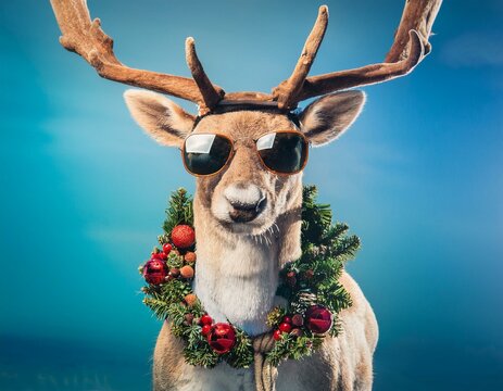 Lustiges Rentier mit Sonnenbrille und Weihnachtskranz &ndash; Moderne Weihnachtsfreude
