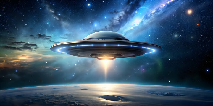 A UFO exploring the vastness of space , UFO, alien spacecraft, outer space, exploration