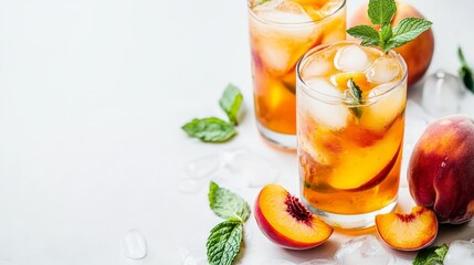 Summer cold peach fizz cocktail or iced tea with mint. Two glasses with peach lemonade on white background. Summer refreshing drink recipe. Homemade fruit tea with ice. Restaurant menu. Copy space
