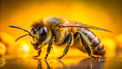 Vibrant yellow background with a detailed close-up of a bee, bee, insect, yellow, nature, close-up, macro, vibrant, summer