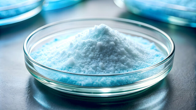 Close-up of sodium laureth sulfate powder in a lab dish for chemical analysis , sodium laureth sulfate