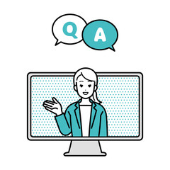 Illustration of a business woman giving directions on a computer, online.
