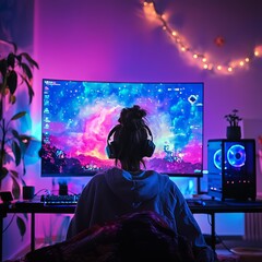 Fototapeta premium A gaming setup with relaxing ambient lighting, where someone is playing a game designed to promote mindfulness and stress relief.