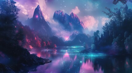 Obraz premium Surreal abstract landscape with glowing forests, crystal lakes, and floating mountains, blending elements of nature and fantasy into a magical world.