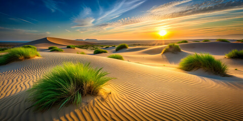 Grassy sand dunes landscape at sunrise, sand dunes, sunrise, grass, peaceful, tranquil, nature, scenic, morning light, desert