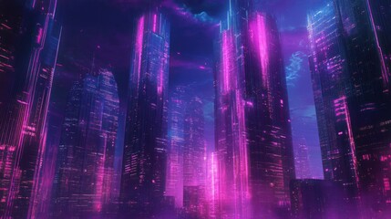 Obraz premium Surreal cityscape with glowing neon skyscrapers and futuristic architecture, blending elements of sci-fi and urban design.