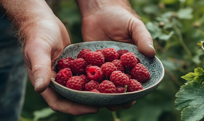 A handful of fresh raspberries in the hands