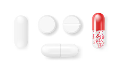 Vector 3d Realistic White Medical Pill Icon Set Closeup Isolated on Transparency Grid Background. Design template of Pills, Capsules for graphics, Mockup. Medical and Healthcare Concept. Top View