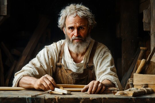 Biblical Carpenter Joseph in His Workshop: A Christian Scene of Faith and Craftsmanship