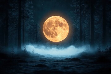 Fototapeta premium Eerie Full Moon Illuminates a Mystical Forest, A Stunning Nighttime Scene of Nature's Beauty and Mystery, Featuring a Full Moon Casting an Eerie, Mystical Glow Over a Quiet, Foreboding Forest