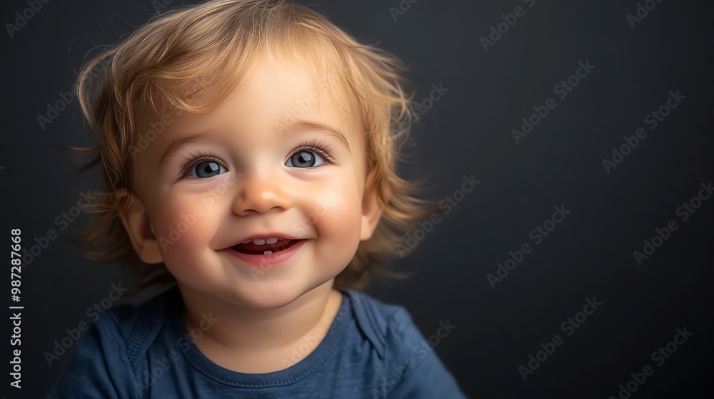 Wall mural A baby with blonde hair and blue eyes smiles for the camera.