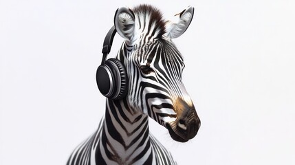 Close-up portrait of a zebra wearing black headphones against a white background.