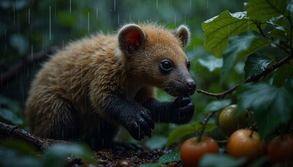 Obraz premium Cute bear cub eating fruit among lush greenery in a rain soaked forest environment
