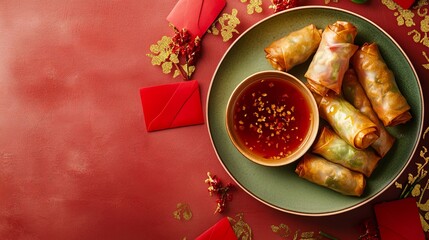 Spring rolls (Chun Juan) served with dipping sauce, surrounded by red envelopes and gold accents, perfect for festive Chinese New Year celebrations.
