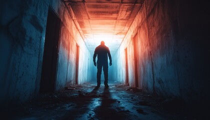 Eerie Silhouette in a Haunted Hallway A Chilling Ghostly Presence, Terrifying Horror Atmosphere, Paranormal Activity, Shadow Figure, Spooky Image, Creepy Abandoned Building, Dark Corridor, Fear