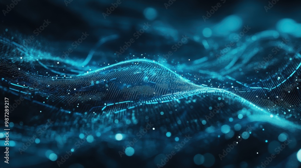 Poster an abstract image of a blue, flowing wave made up of countless tiny particles