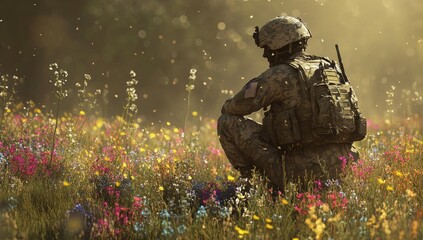 Fototapeta premium A soldier sits in a field of flowers.