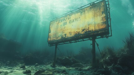 Sunbeams Through the Ocean Depths Reveal a Rusty Billboard mockup. generative ai illustration.