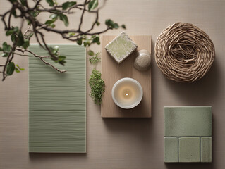 Swatch home decor sage beige moodboard design interior flatlay inspiration aesthetic natural texture ceramic tile candle twine greenery neutral organic modern minimalist relaxation