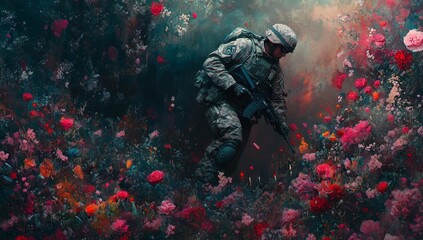Fototapeta premium Soldier with rifle in a field of flowers.