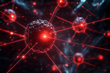 Cancer cells with glowing red, laser-like crosshairs and connections, suggesting targeting cancer treatment of radiation