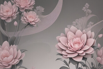 digital artwork showcasing detailed pink and gray flowers against a background of muted colors and curving lines, creating a captivating, dreamy atmosphere