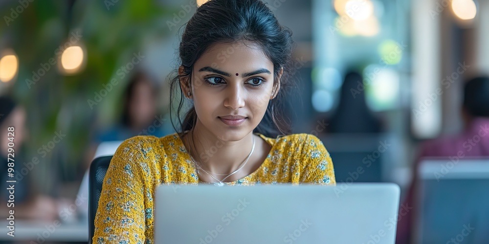 Aufkleber beautiful indian woman programmer web developer focused and confident working on laptop writing code